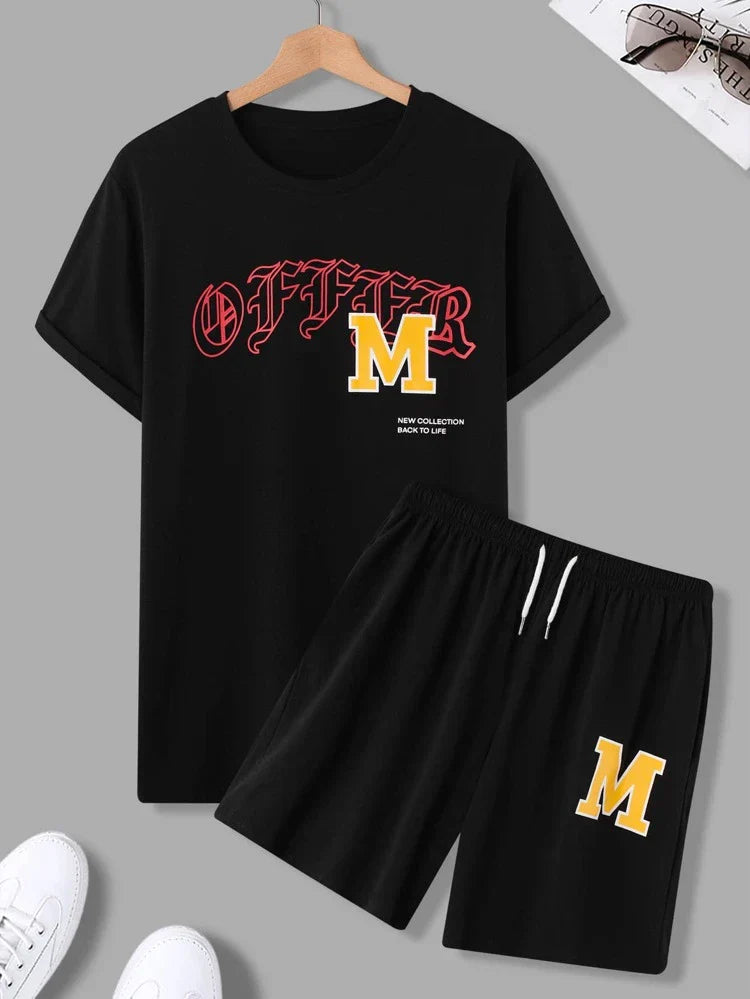 Mens Summer Shorts + T-Shirt Set - SS44 - Black Black