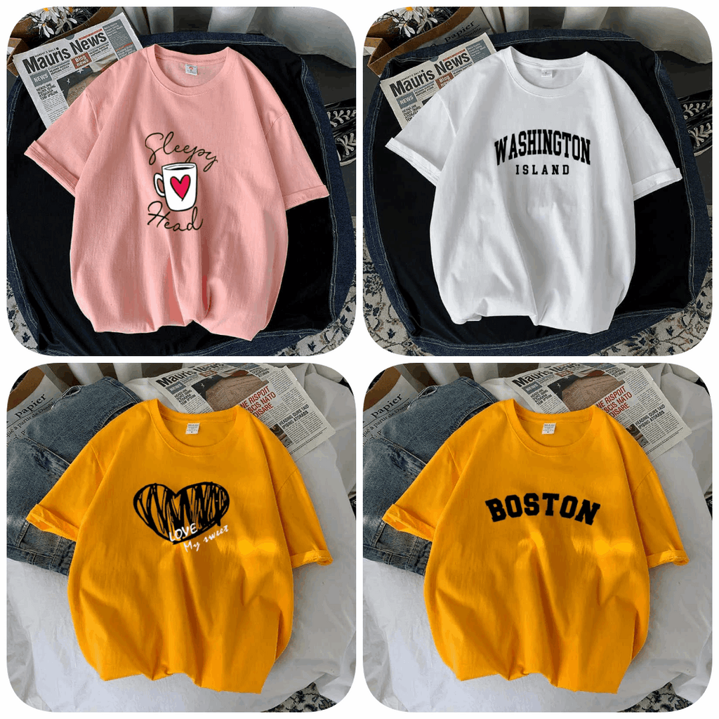 Pack of 4 Trendy Graphic Printed T-Shirts for Women – Stylish & Comfortable Summer Wear - 73649