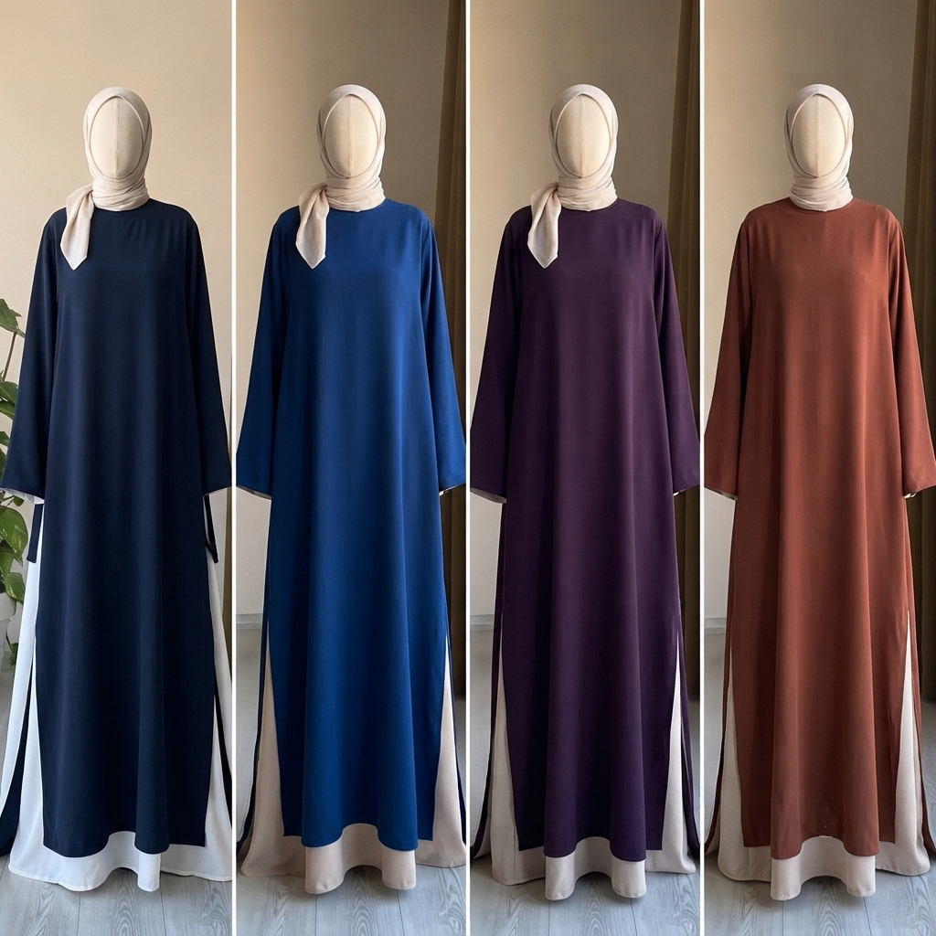 Pack oF 4 Turkish Contrast Lined Abaya – Flowy A-Line Closed Abaya with Side Slit Detail