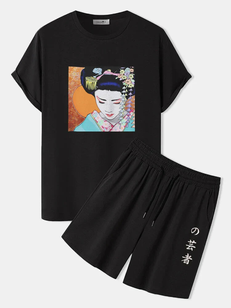 Mens Summer Shorts + T-Shirt Set - SS32 - Black Black