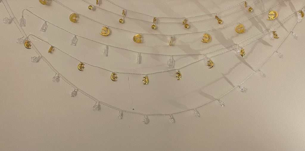 Eid Ramadan Lights: Gold Crescent Moon, Multi Color Lights