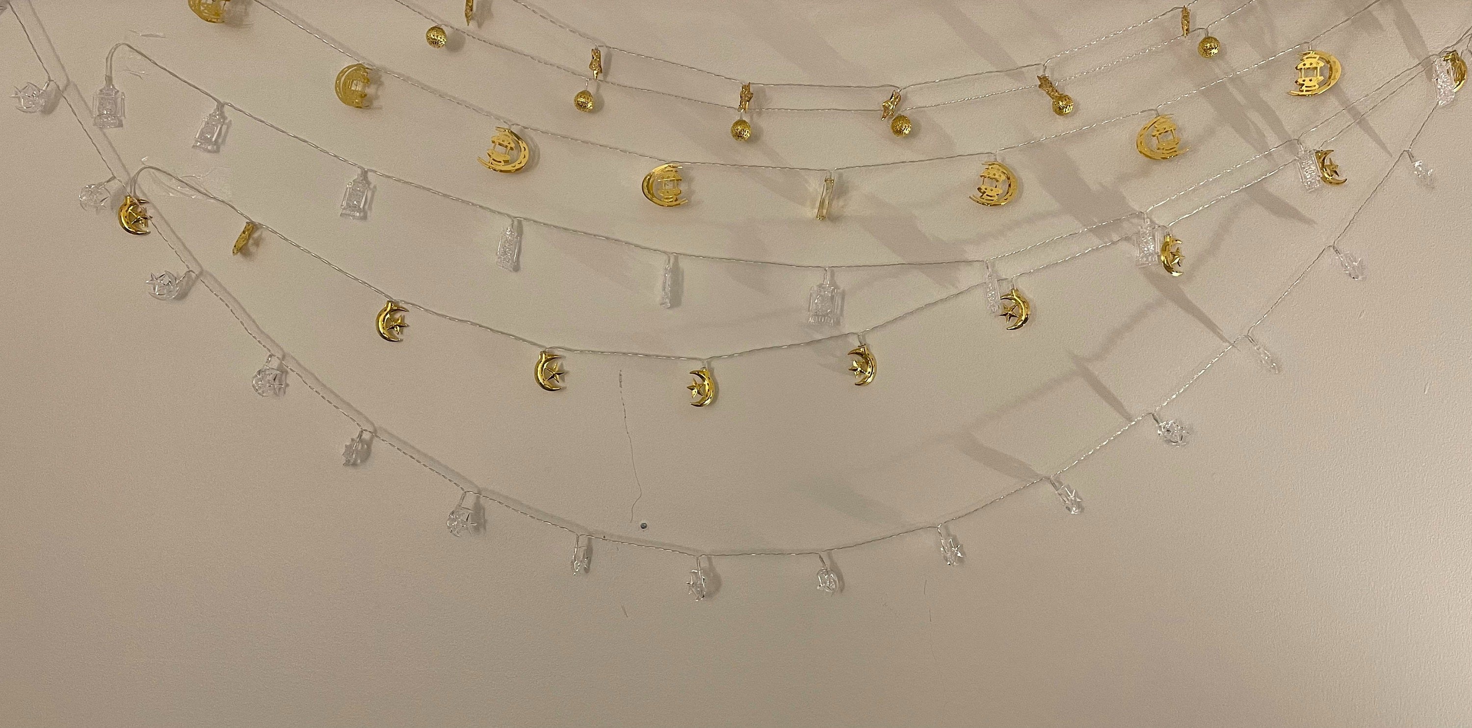 Eid Ramadan Lights: Gold Crescent Moon, Multi Color Lights