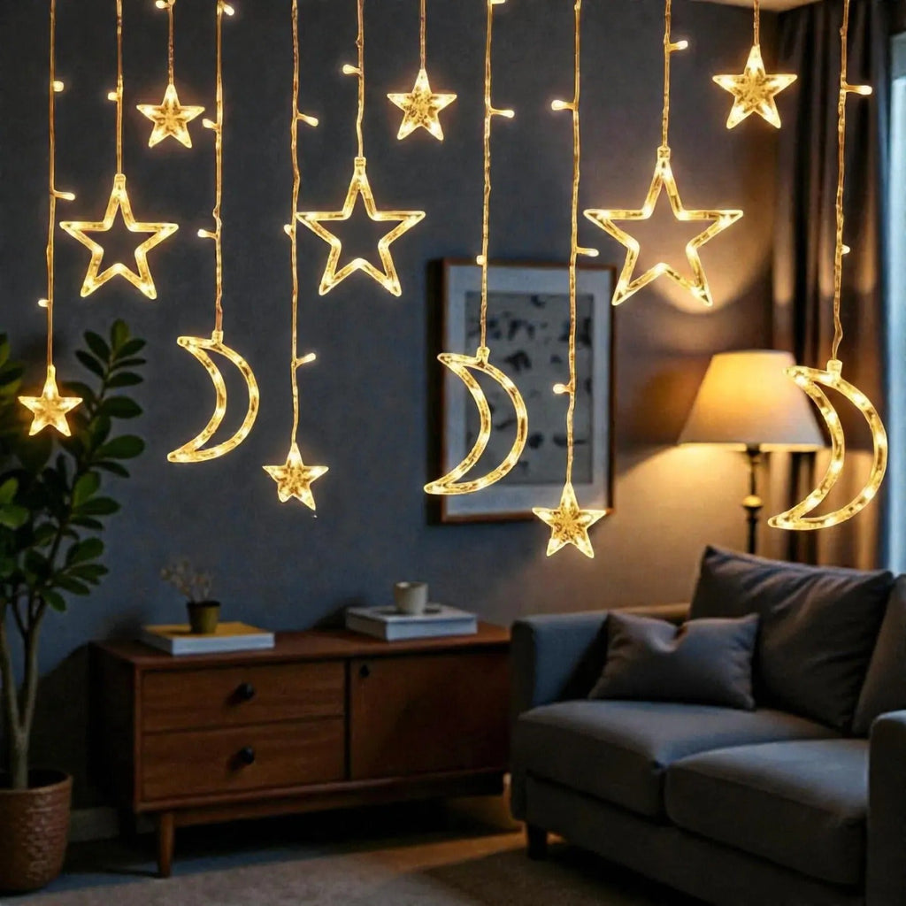 Star & Moon Curtain Lights – 3.5M Battery Powered Fairy Lights
