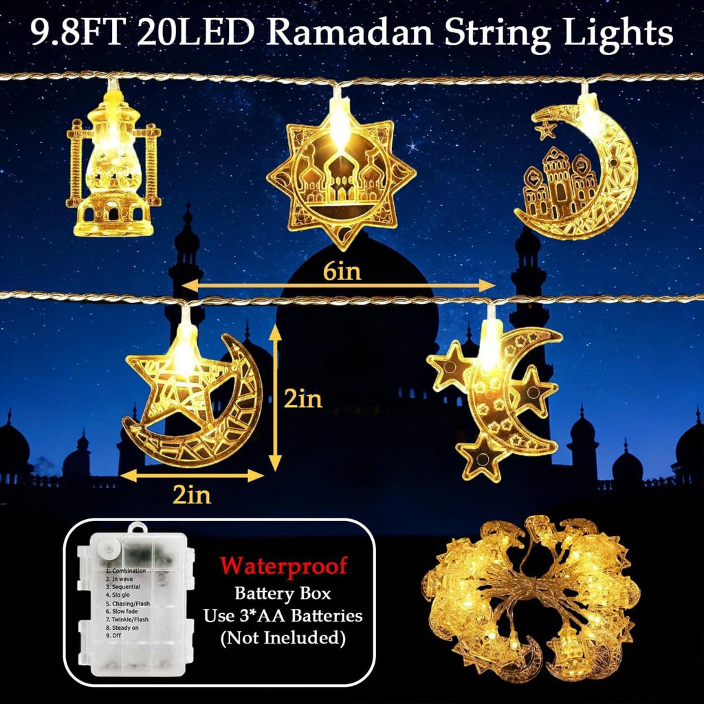Ramadan String Lights 20 LED Moon Star Lights with Remote | Eid Mubarak Decorations Indoor Outdoor | Ramadan Kareem Home Decor