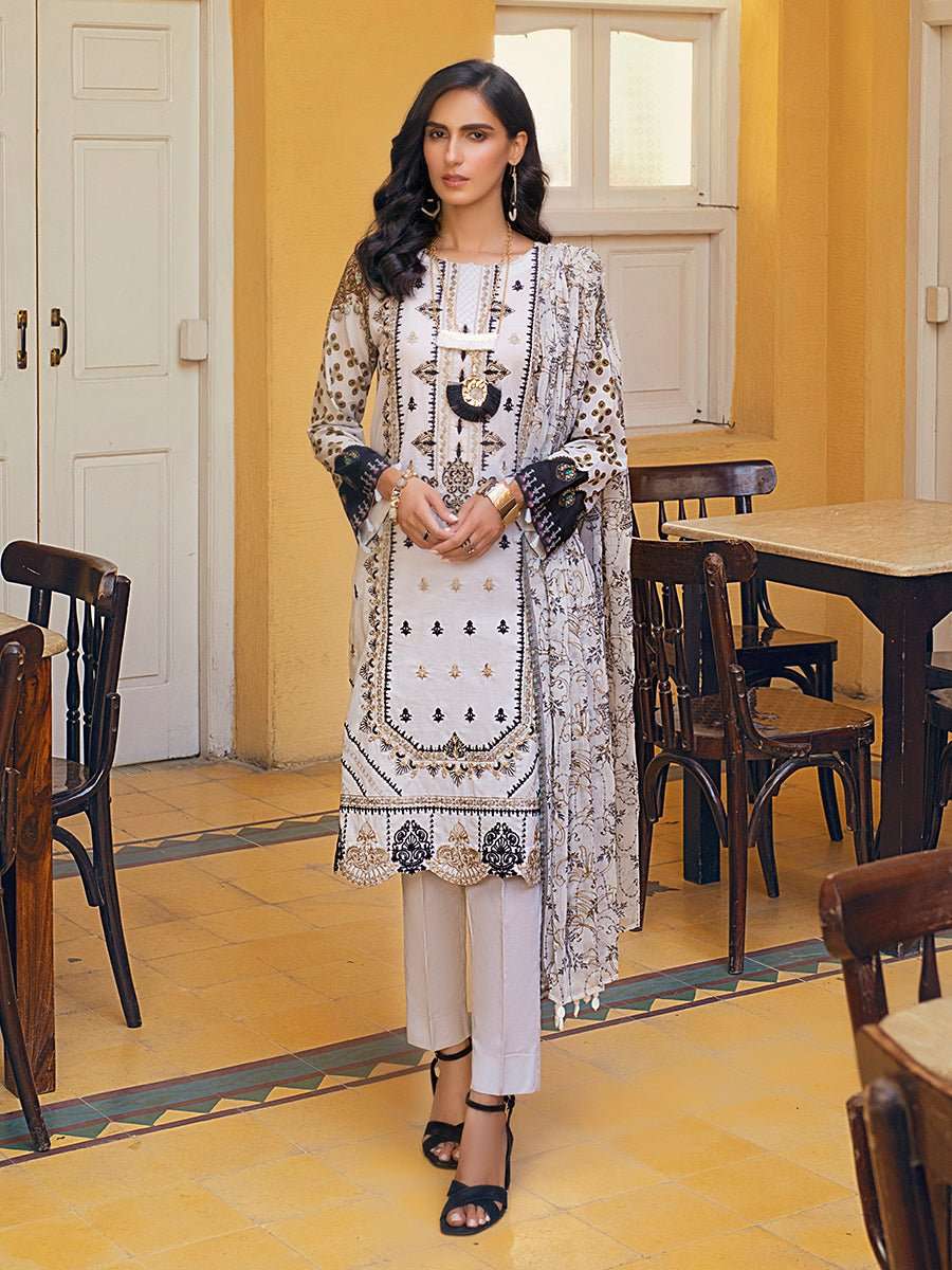 1 & Get 1 Free - Snow White  - Unstitched 3pc Digital Printed Embroidered Lawn with Chiffon Dupatta - Faustina 17622